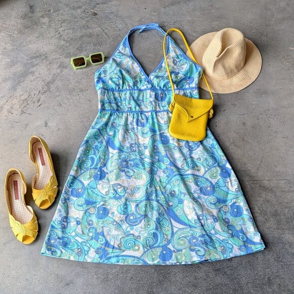 Vintage New York & Company Blue Paisleypais Swirl Halter Neck Mini Dress size 14 - Picture 1 of 8